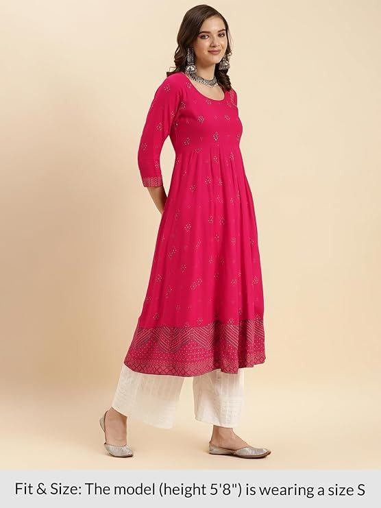 rangita Pink Rayon Calf Length Printed Front Slit Kurti for Women | Kurta for Women