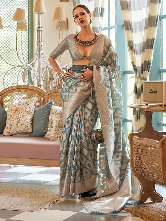 AKHILAM Women's Kalki Koechlin Banarasi Organza Silk Saree With Unstitched Blouse Piece