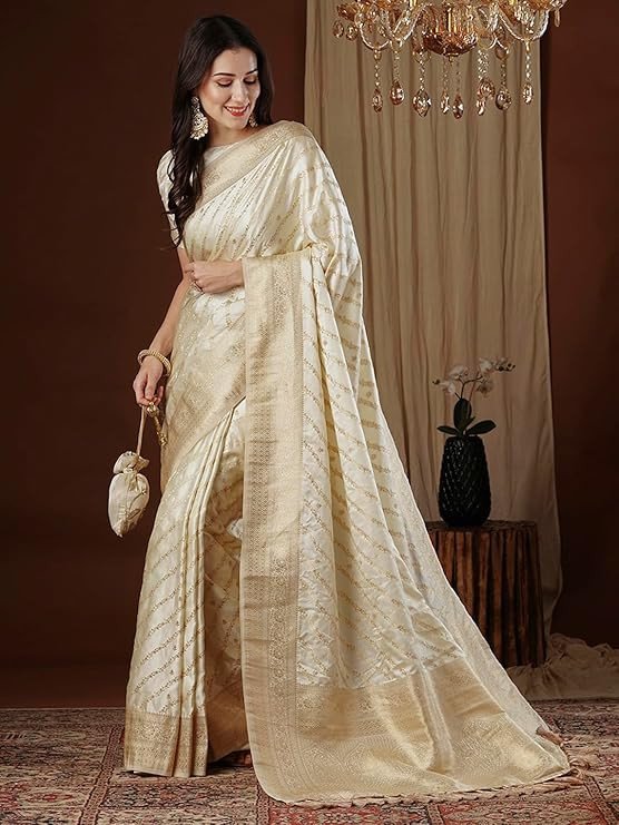 AKHILAM Women's Satin Silk Ethnic Motif Woven Design Saree With Unstitched Blouse (ARYA4401_FL_Parent)