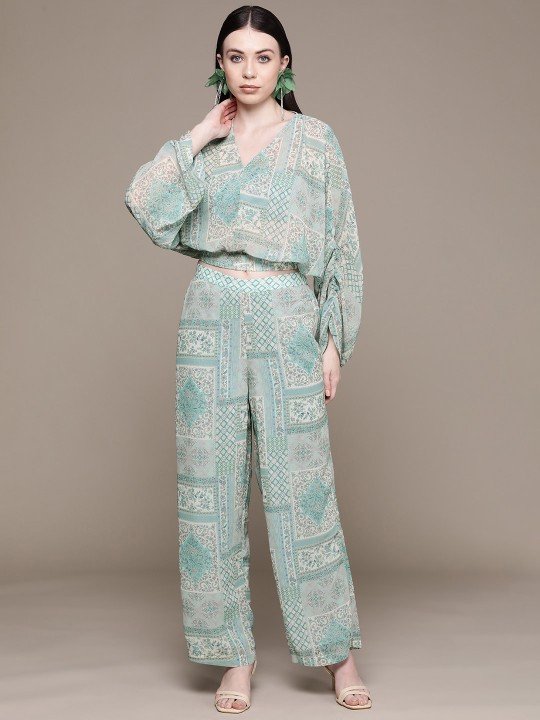 Women Printed Crop Top with Trousers
