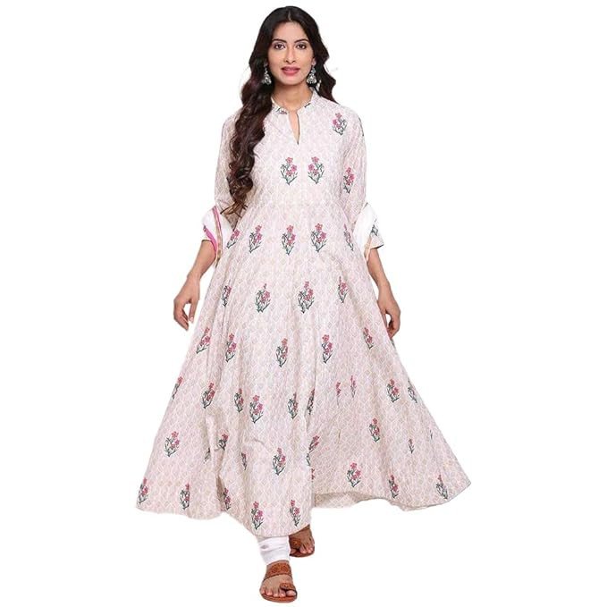 BIBA Women Ivory And Gold Cotton Anarkali Kurta Churidar Suit Set