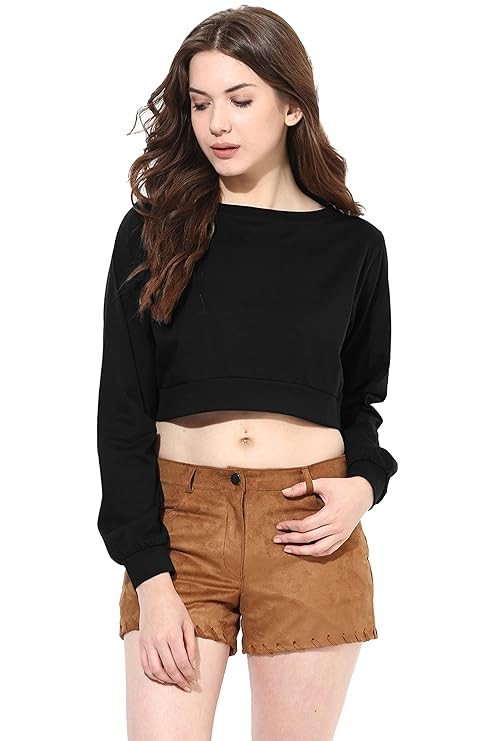 Miss Chase Women's Super Soft Round Neck Full Sleeves Solid Boxy Crop Top