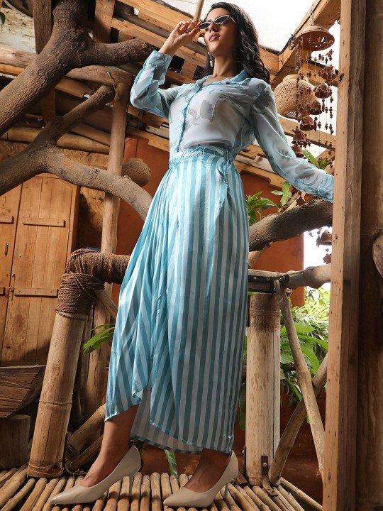 Printed & Striped Shirt Collar Shirt With Skirt Co-Ords