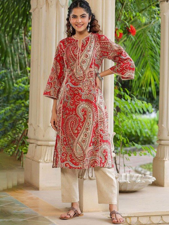Paisley Printed Notch Neck Straight Kurta
