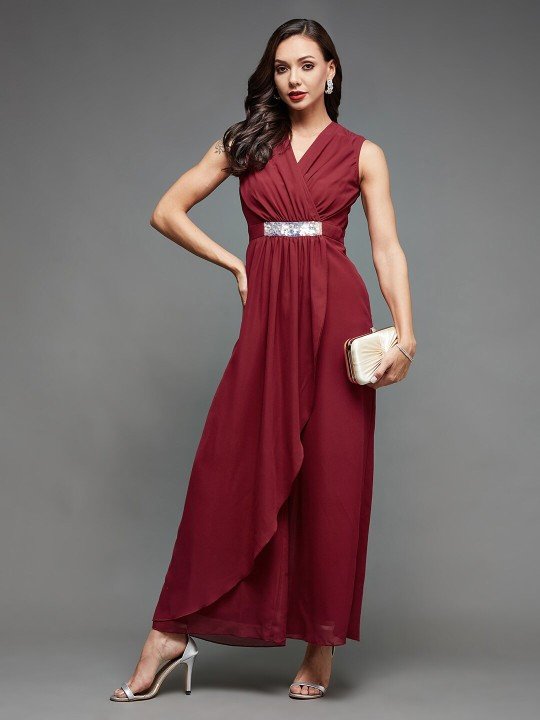 Maroon V-Neck Sleeveless Embellished Basic Jumpsuit