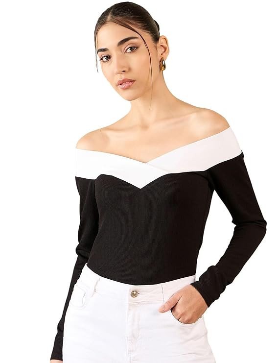 Uptownie Lite Color-Blocked Off Shoulder Full Sleeve Top