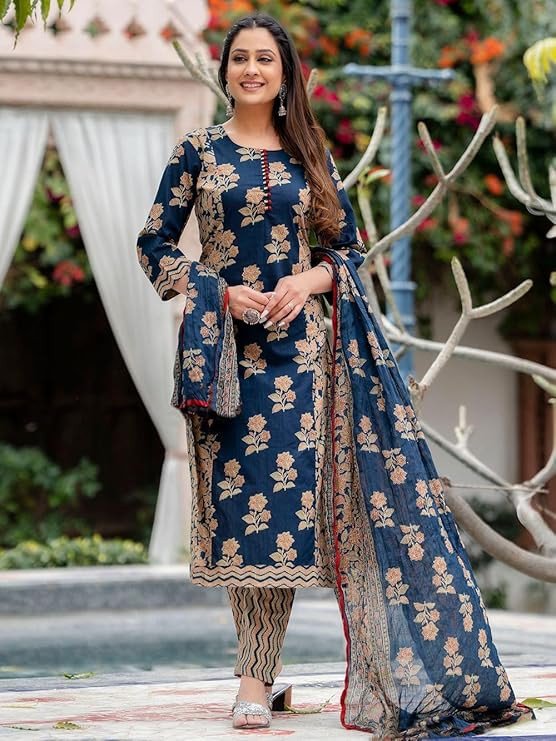 GoSriKi Women's Rayon Blend Straight Printed Kurta with Pant & Dupatta