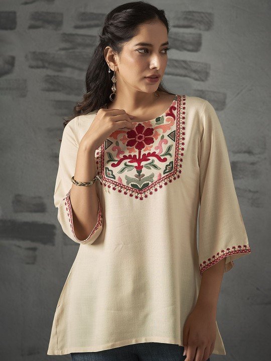 Floral Embroidered Liva A-Line Tunic