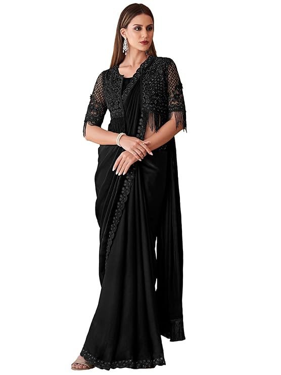 AKHILAM Women's Georgette Embellished Saree With Unstitched Blouse Piece