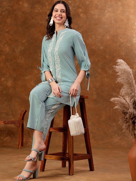 Blue Embroidered Silk Blend Tunic With Trousers