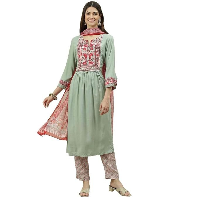 BIBA Women Cotton Solid Narrow Salwar Kurta Dupatta