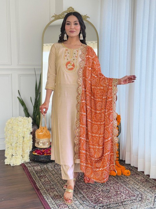 Gotta Patti Embroidered Round Neck Straight Kurta With Trousers & Dupatta