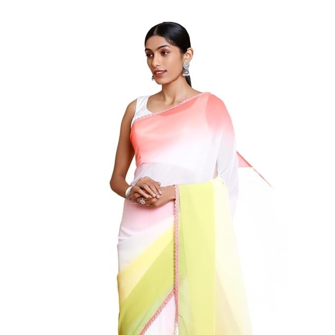 Kalyan Silks Women's Synthetic Saree Full Of Lime Green Colour With Whitish Yellow Design With Thread Work Border With Peach Blouse