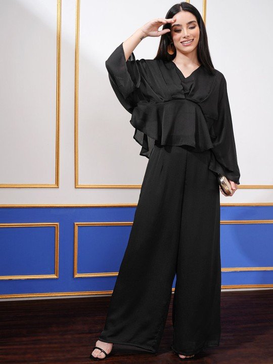 Black V-Neck Long Sleeves Tunic With Palazzo