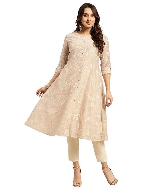 rangita Beige Chanderi Calf Length Printed Flared Kurti for Women | Kurta for Women